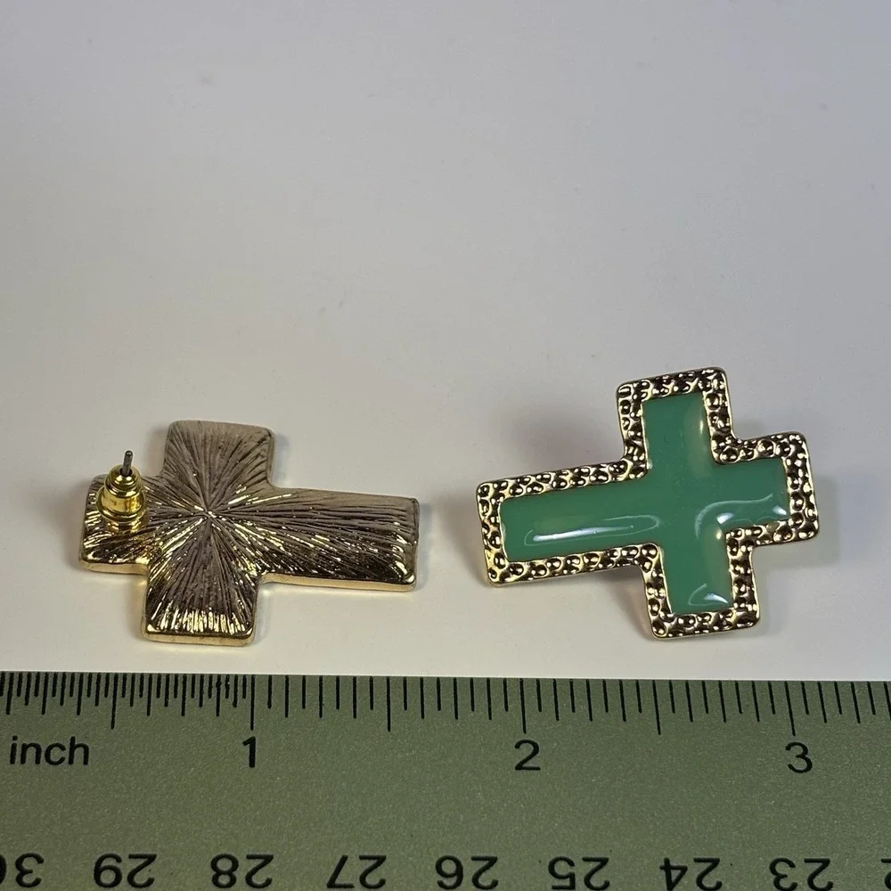Cross Earrings Religious‎ Crucifix Green Enamel On Gold Tone Huge